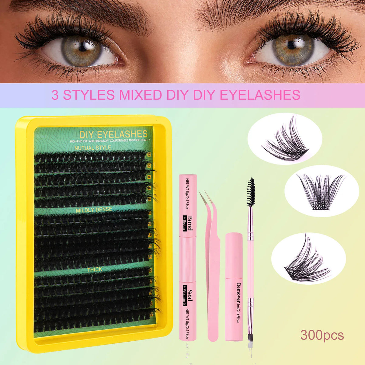 Blushimmer Lash Clusters Kit with natural 10-16mm spiky volume eyelash extensions for DIY lash enhancement and volume.