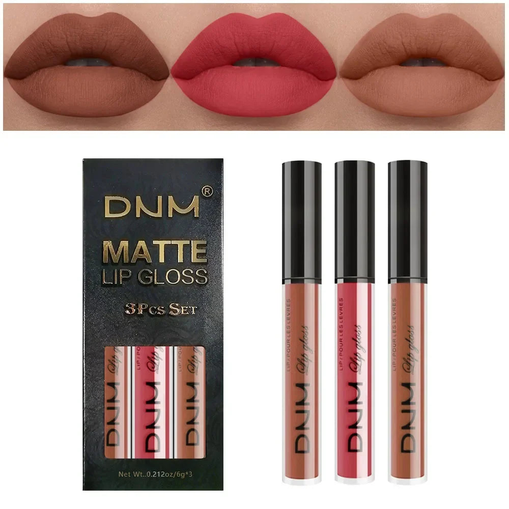 Set of three waterproof liquid lipsticks in red, blue, and purple matte shades with nude lip tint from Blushimmer.