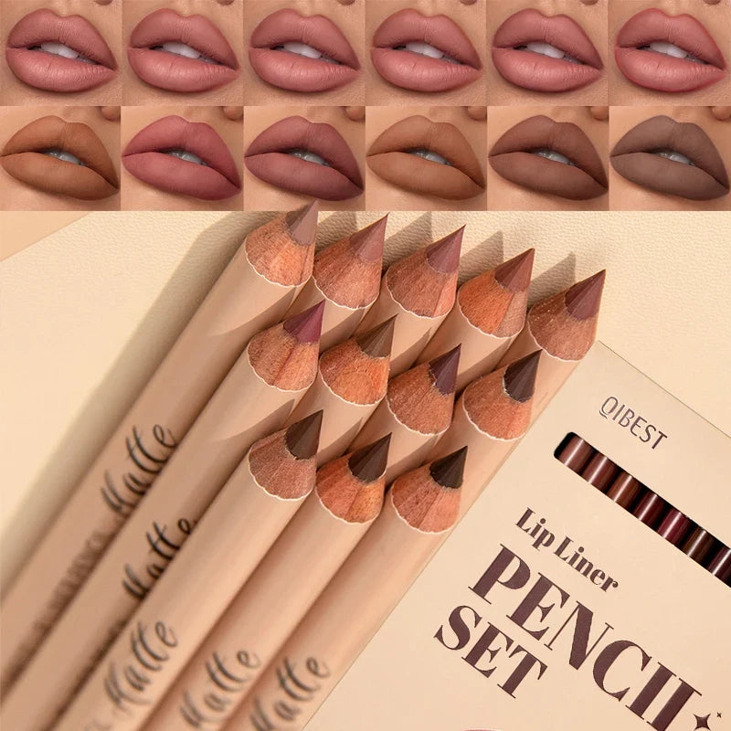 Blushimmer 12-color matte lipstick lipliner set with nude shades, waterproof, non-drying, and lip contouring makeup.