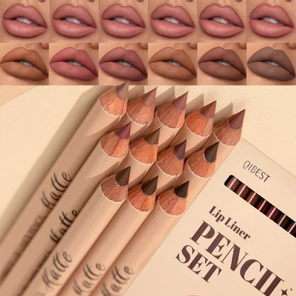 Blushimmer 12-color matte lipstick lipliner set with nude shades, waterproof, non-drying, and lip contouring makeup.
