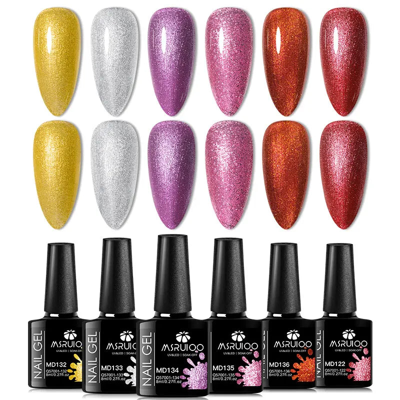 Blushimmer 6-piece nail gel polish set with vibrant, semi-permanent UV gels for all-season manicures and nail art.