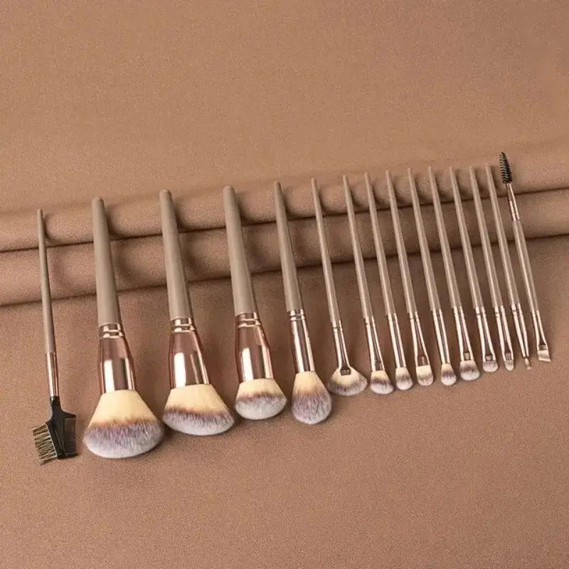 Set of soft, fluffy makeup brushes by Blushimmer including foundation, eyeshadow, kabuki, and blending brushes for professional cosmetic application.