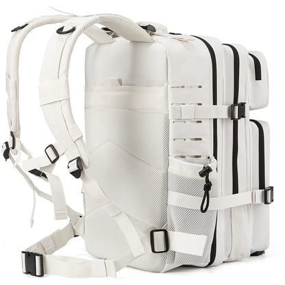 Adventure Club Store tactical backpack in black with water bottle holder, suitable for outdoor activities and small school use.