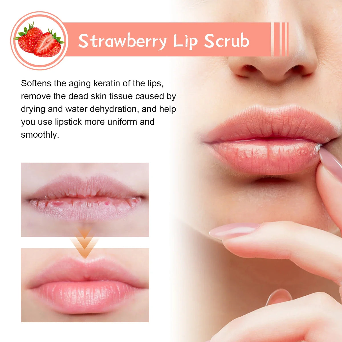 Blushimmer strawberry and orange honey lip scrub with exfoliating and moisturizing properties for brightening and deep cleaning lips.
