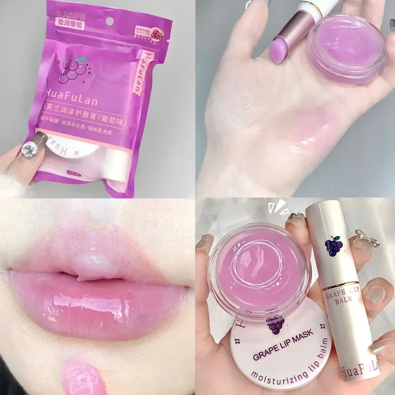 Blushimmer grape lip care sleep mask set with pink nourishing lip gloss, moisturizing and repairing fruit-based lip balm for smooth lips.