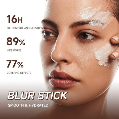 Blushimmer moisturizing pore-covering primer stick and concealer with natural makeup finish, designed to hide pores and improve skin appearance