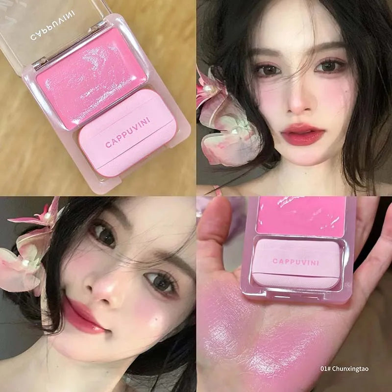 Blushimmer Yuanqi Blush Cream with natural pink color, moisturizing formula, evenly pigmented, girlish pink blush on a cosmetic product.