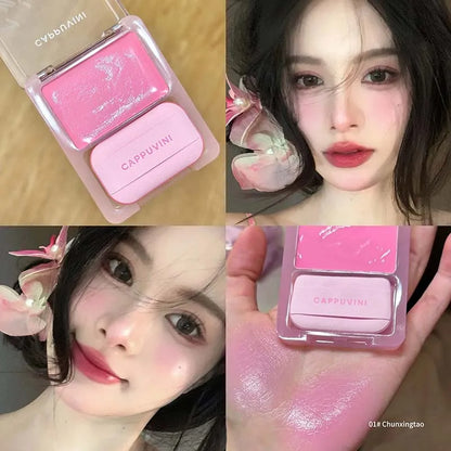 Blushimmer Yuanqi Blush Cream with natural pink color, moisturizing formula, evenly pigmented, girlish pink blush on a cosmetic product.
