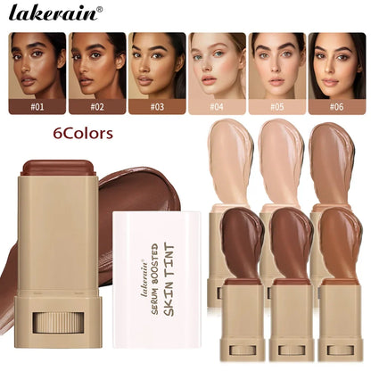 Blushimmer skin tint foundation stick with concealer and serum for high coverage, travel-friendly bronze foundation and skin plumping.