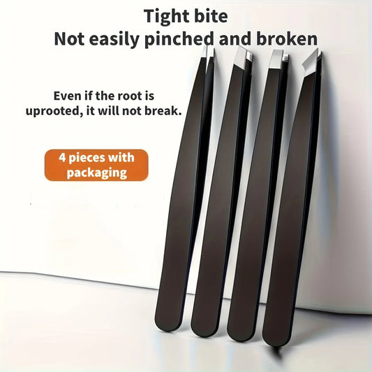 Set of four Blushimmer stainless steel eyebrow tweezers for eyebrows, eyelashes, and beard grooming, ideal for personal care.