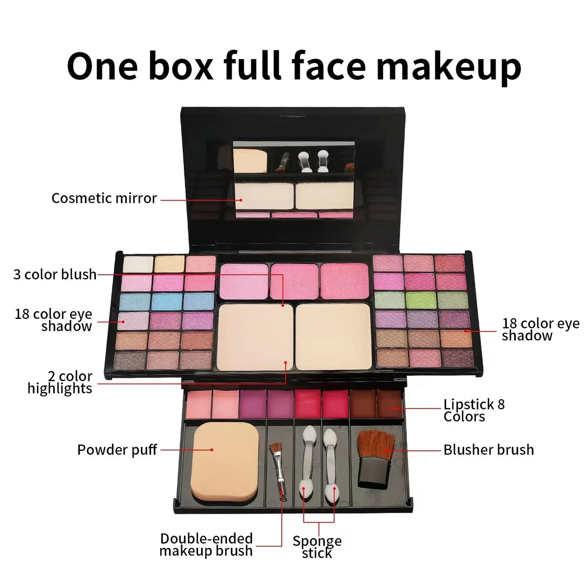 Blushimmer makeup gift set for women with eyebrow powder, lipstick, lip gloss, eyeshadow palette, brushes, and shimmer glitter.