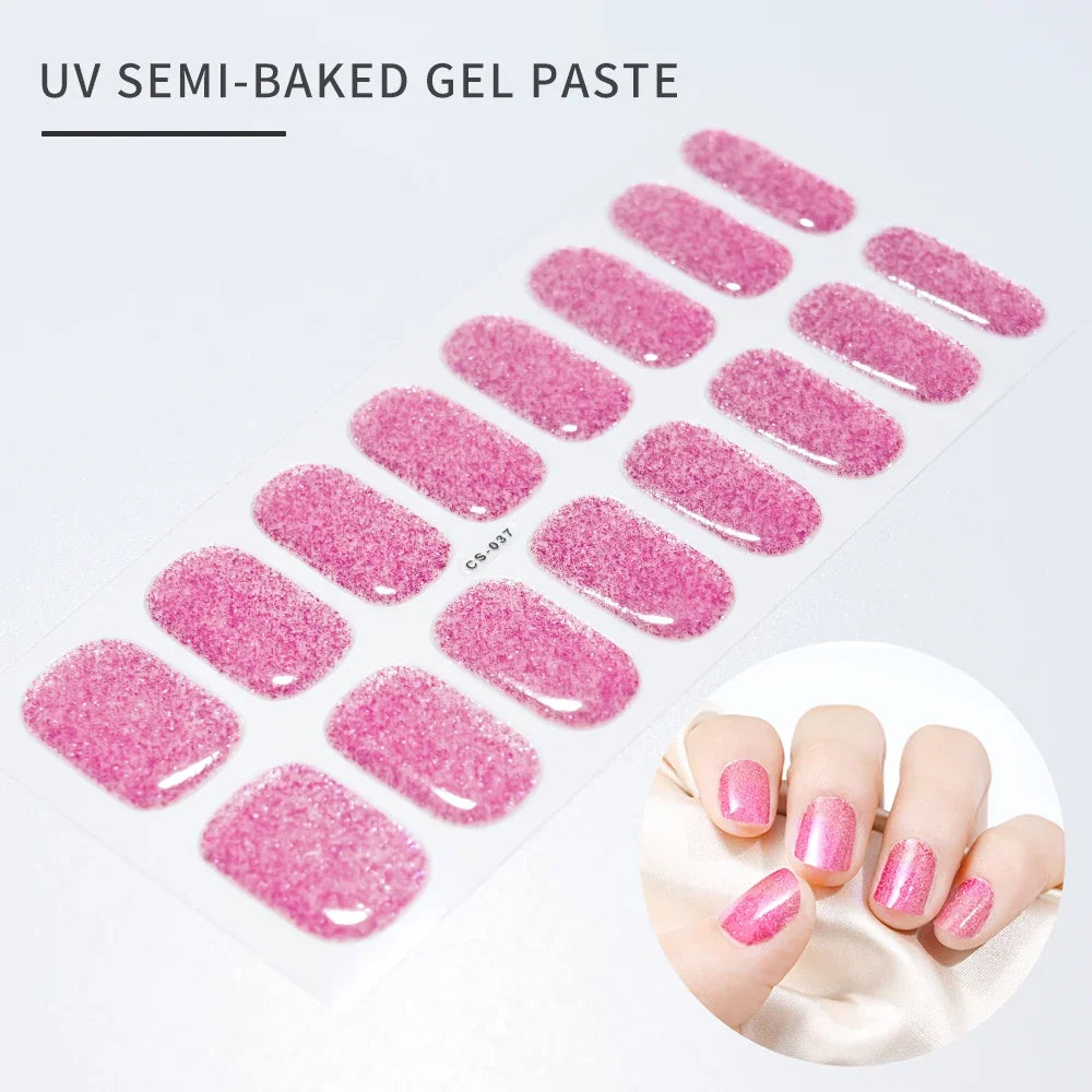 Blushimmer 16Tips glitter semi-cured UV gel stickers with 3D French gradient design and shiny glitter powder for nail decoration.