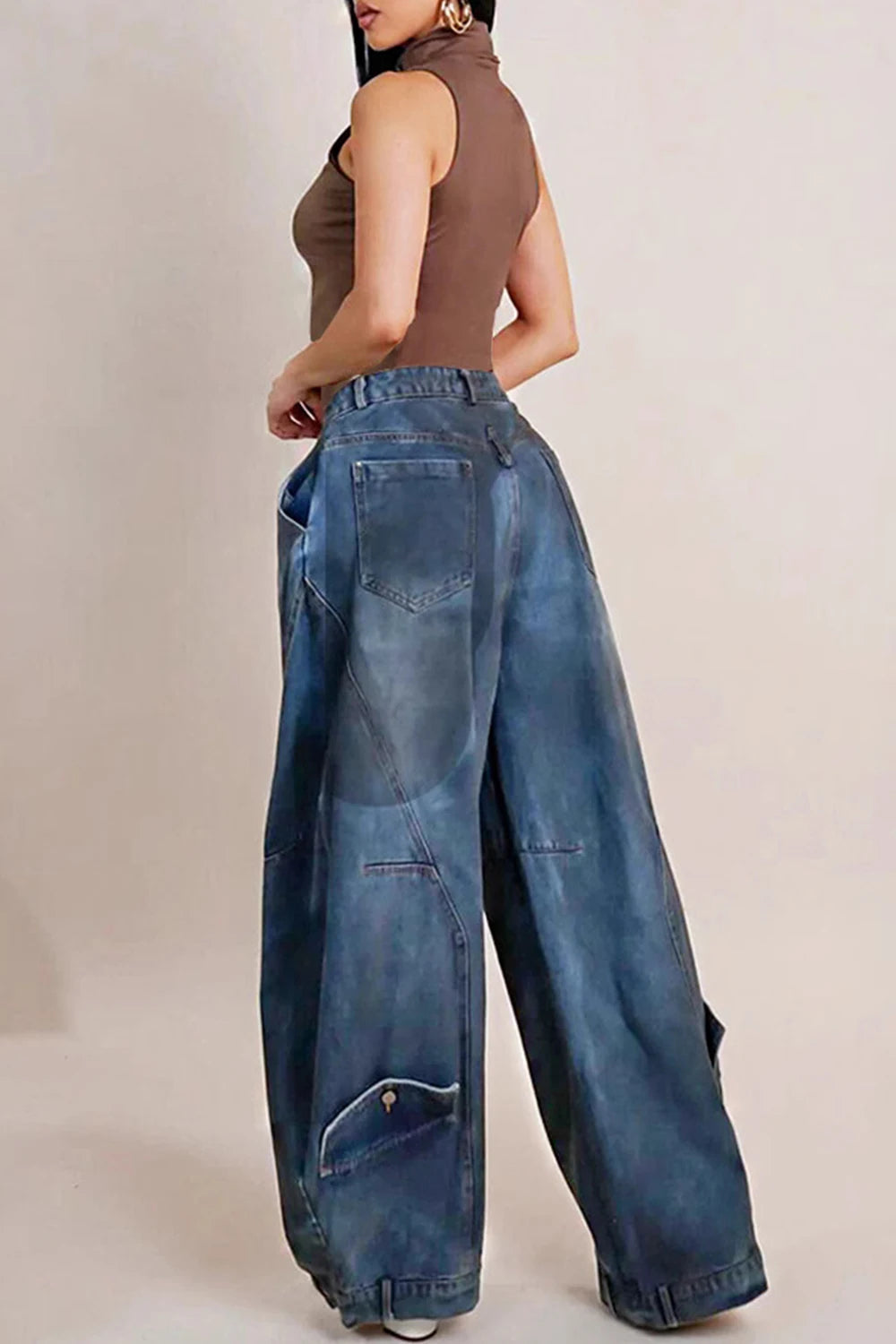 Pants Asymmetric Women Loose Denim Jeans Button Pocket Washed Casual Harajuku High Street Grunge Denim Trouders Jeans for Women