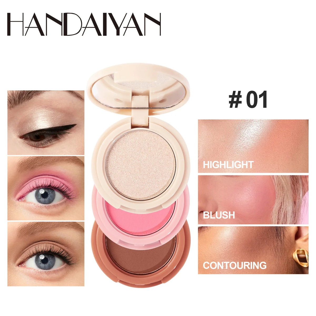 Blushimmer 3-in-1 matte highlighter, contour, blush palette with pearly face powders for professional makeup application