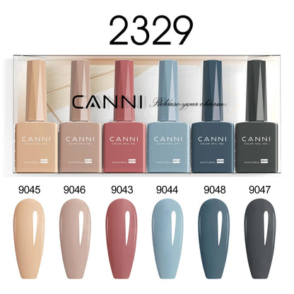 Set of 6 Blushimmer CANNI HEMA-Free nail gel polishes in vibrant semi-permanent colors for UV and LED gel nail applications.