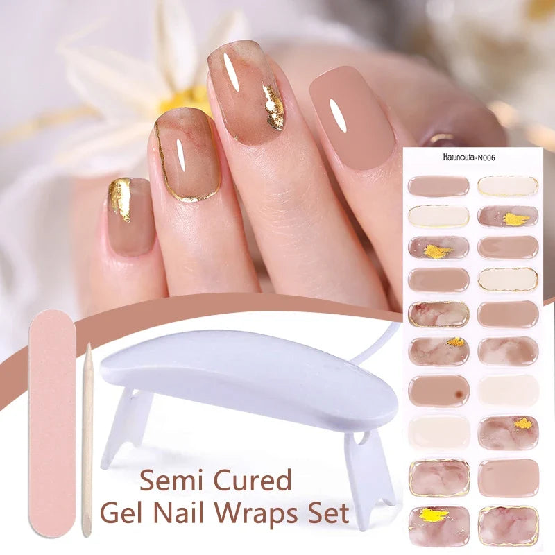 Blushimmer Harunouta 4pcs set of nude pink gradient jelly semi-cured gel nail strips with nail lamp and waterproof long-lasting wraps