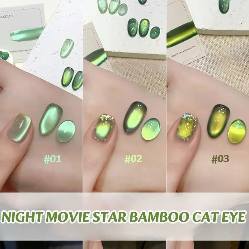 Blushimmer MIANEL 12ML Emperor Green cat eye gel nail polish showing glossy green nails with a cat eye effect.