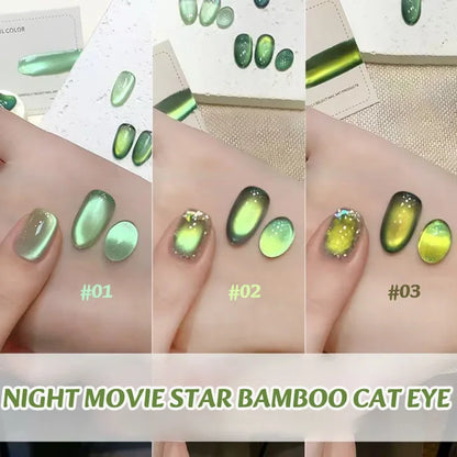 Blushimmer MIANEL 12ML Emperor Green cat eye gel nail polish showing glossy green nails with a cat eye effect.