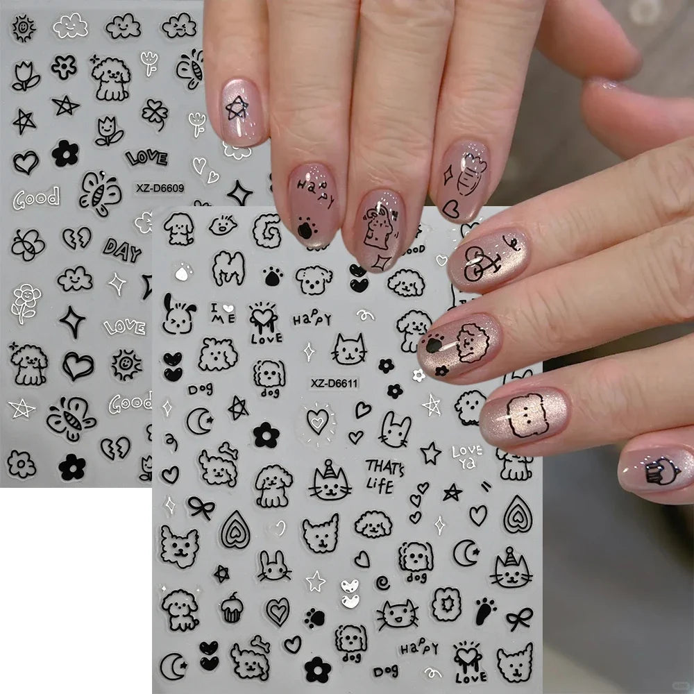 Black cat nail stickers set by Blushimmer, featuring cartoon puppy and kitten decals for fun, creative nail art decoration.