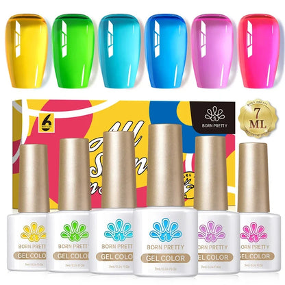 Six bottles of Blushimmer Born Pretty crystal amber gel nail polish set in jelly pink and nude shades for winter manicures.