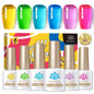 Six bottles of Blushimmer Born Pretty crystal amber gel nail polish set in jelly pink and nude shades for winter manicures.