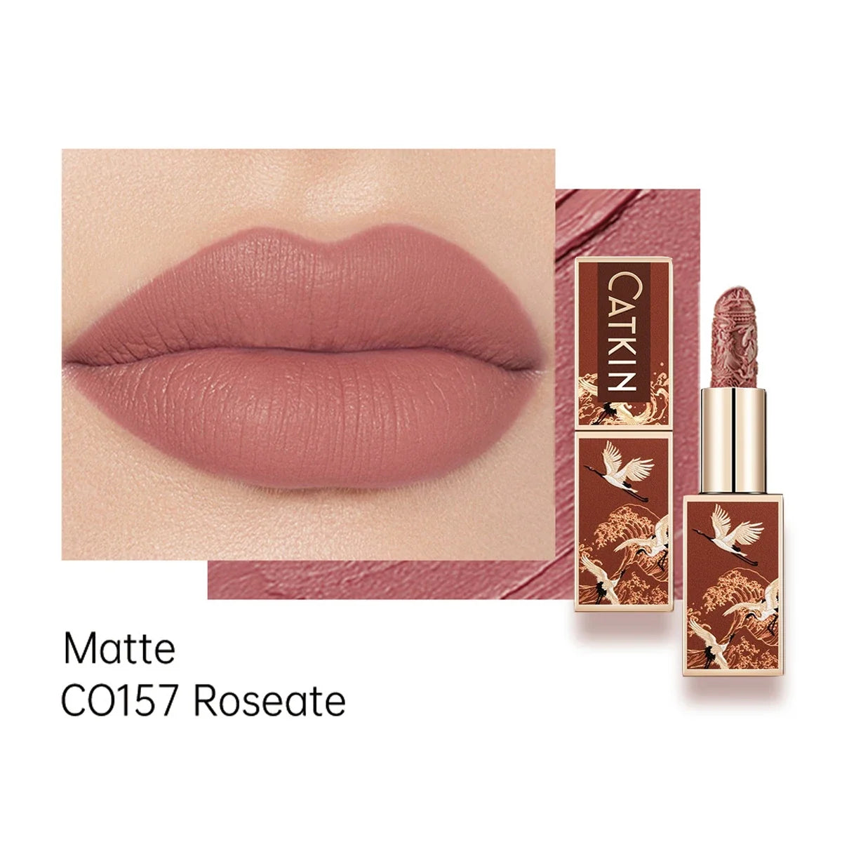 Blushimmer CATKIN Velvet Matte Lipstick with smooth, creamy texture in a hydrating satin finish, shown in a sleek lipstick tube.