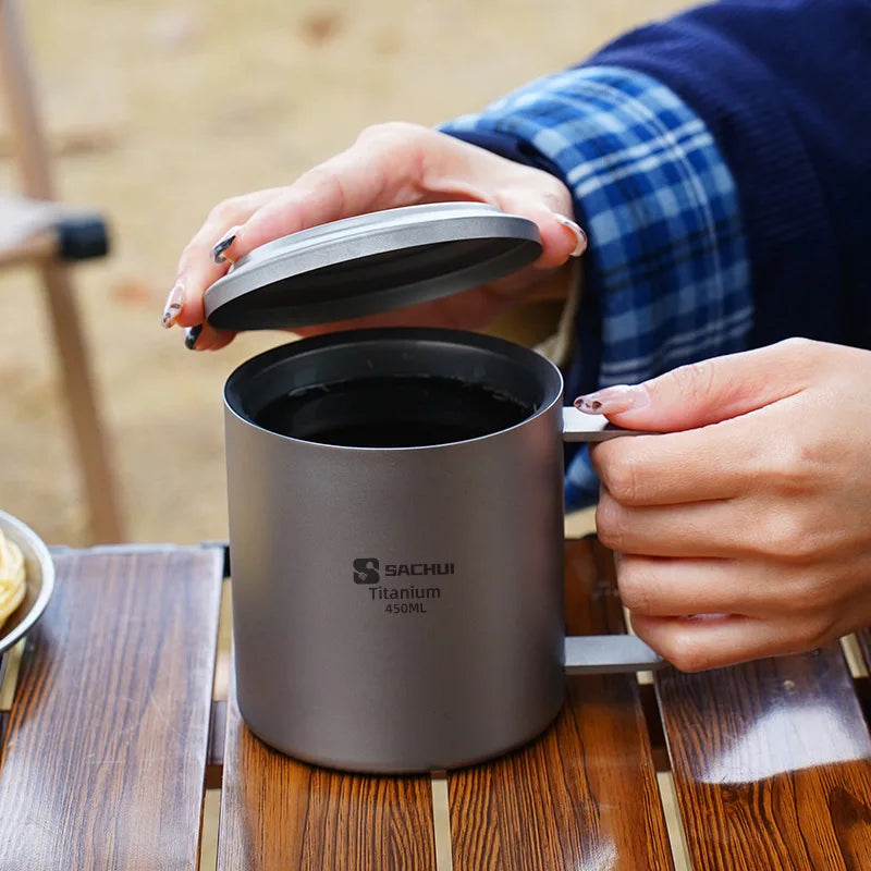 Pure Titanium Double-layer Mug Titanium Cup Insulated Coffee Cup Outdoor Water Cup with Lid and Tea Leakage Cold Drink Tea Set