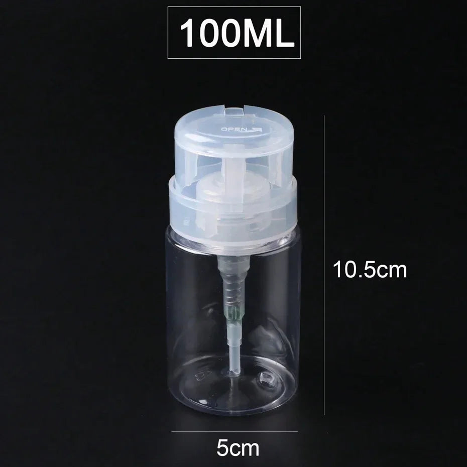 Refillable 100 ml Blushimmer nail polish remover dispenser bottle with press pump for nail art and manicure cleaning.