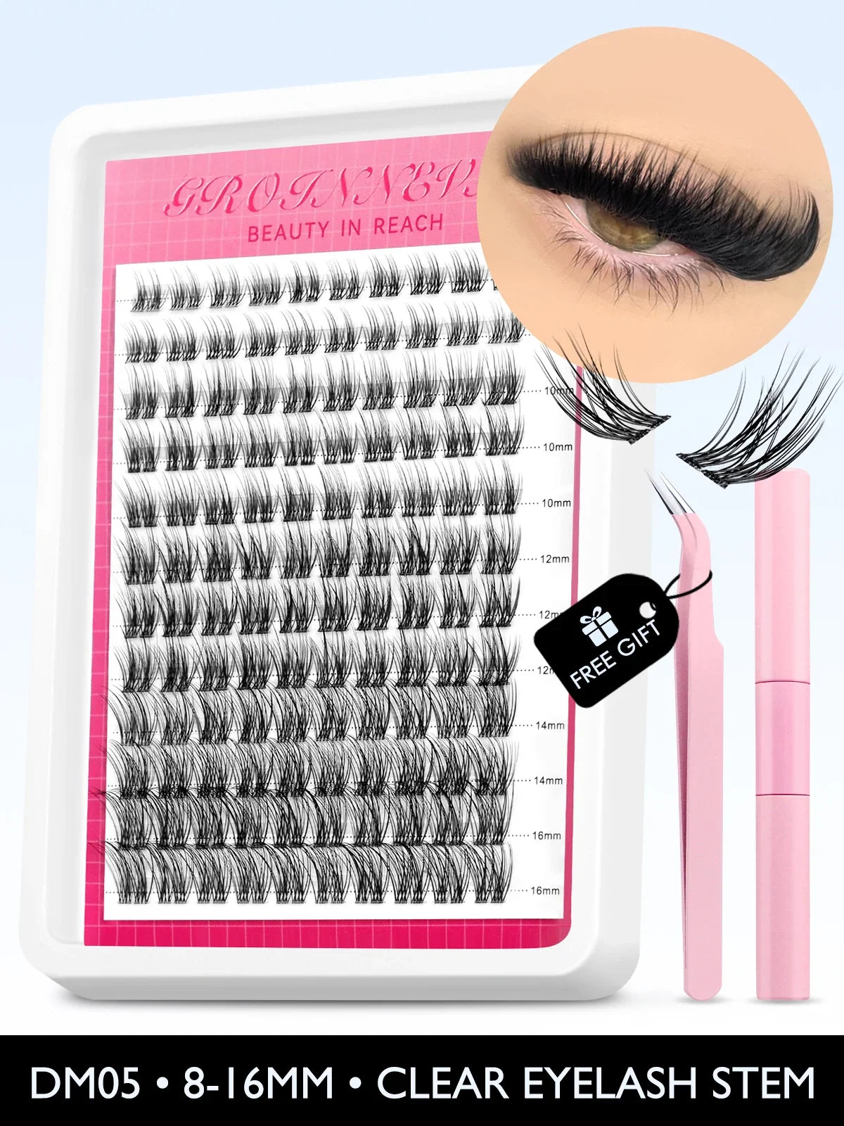Blushimmer Lash Clusters Kit with fluffy C curl individual eyelash extensions in 10-18mm, includes lash bond and seal for DIY application.