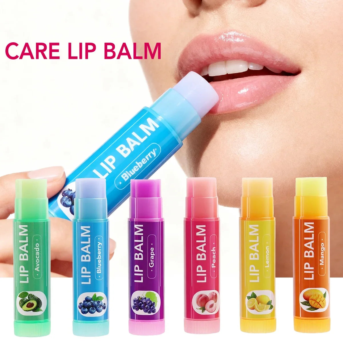 Six colorful fruit-shaped lip balms in a set from Blushimmer, perfect as Christmas or birthday gifts for girls and friends.