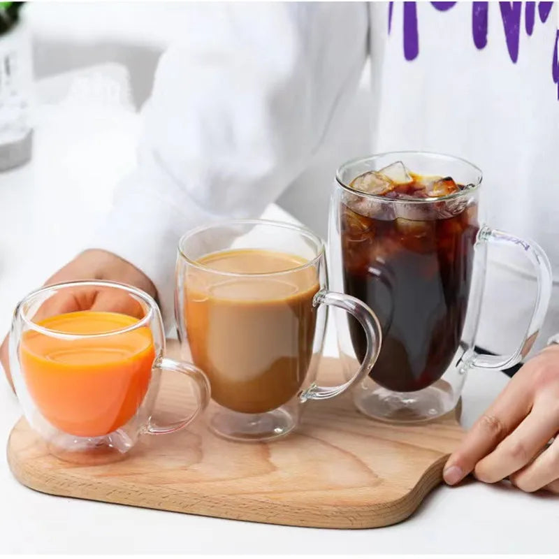2PC Double Wall Glass Cup Heat Insulation Transparent Handmade Tea Drink Cups MINI Whisky glasses Coffee Mug with handle ﻿