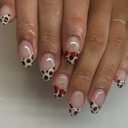 Blushimmer 3D bowknot and pearl leopard French nude almond false nails, fashionable press-on nail art, detachable and finished.