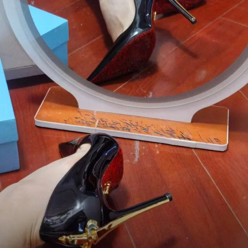 Early spring new red soled high heels for women, slim heels, pointed metal swords, sexy ladies,black patent leather single shoes