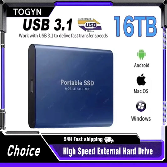 Portable Hard Drive 16TB Solid Disk High Speed External Hard Disk USB 3.1 Type-C Solid State Drive for PC/Phone/Loptop