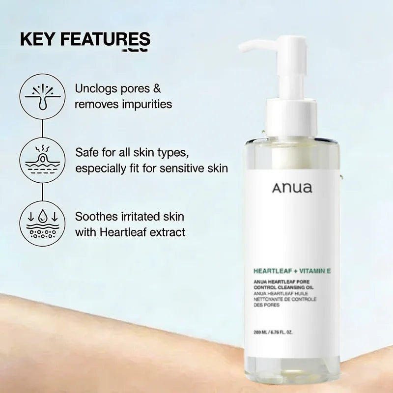 Korean ANUA Heartleaf skincare set including soothing acne toner, daily lotion, cleansing foam, and facial cleansing oil by Blushimmer