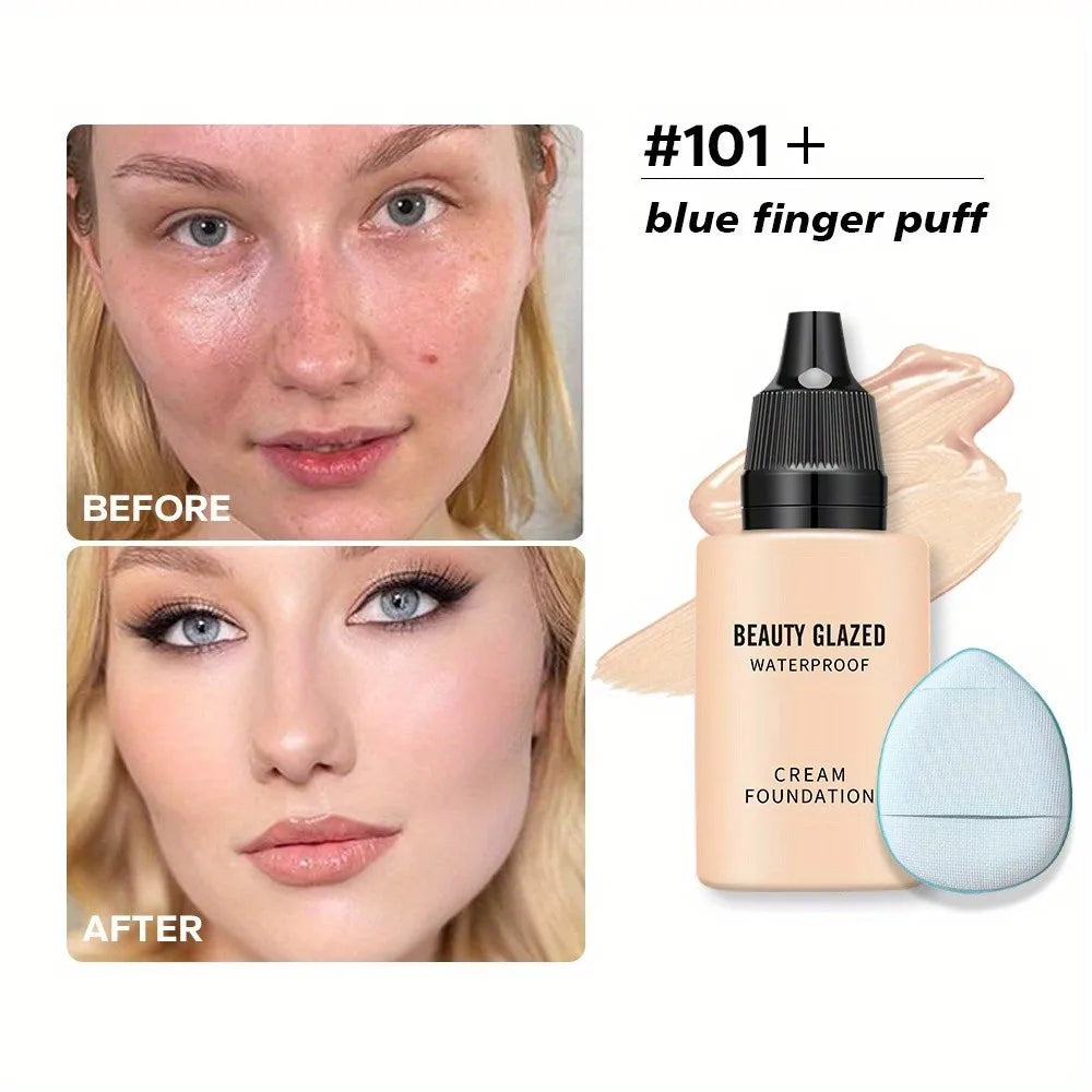 Blushimmer 2024 liquid matte foundation with waterproof formula and blue puff applicator on a neutral background.