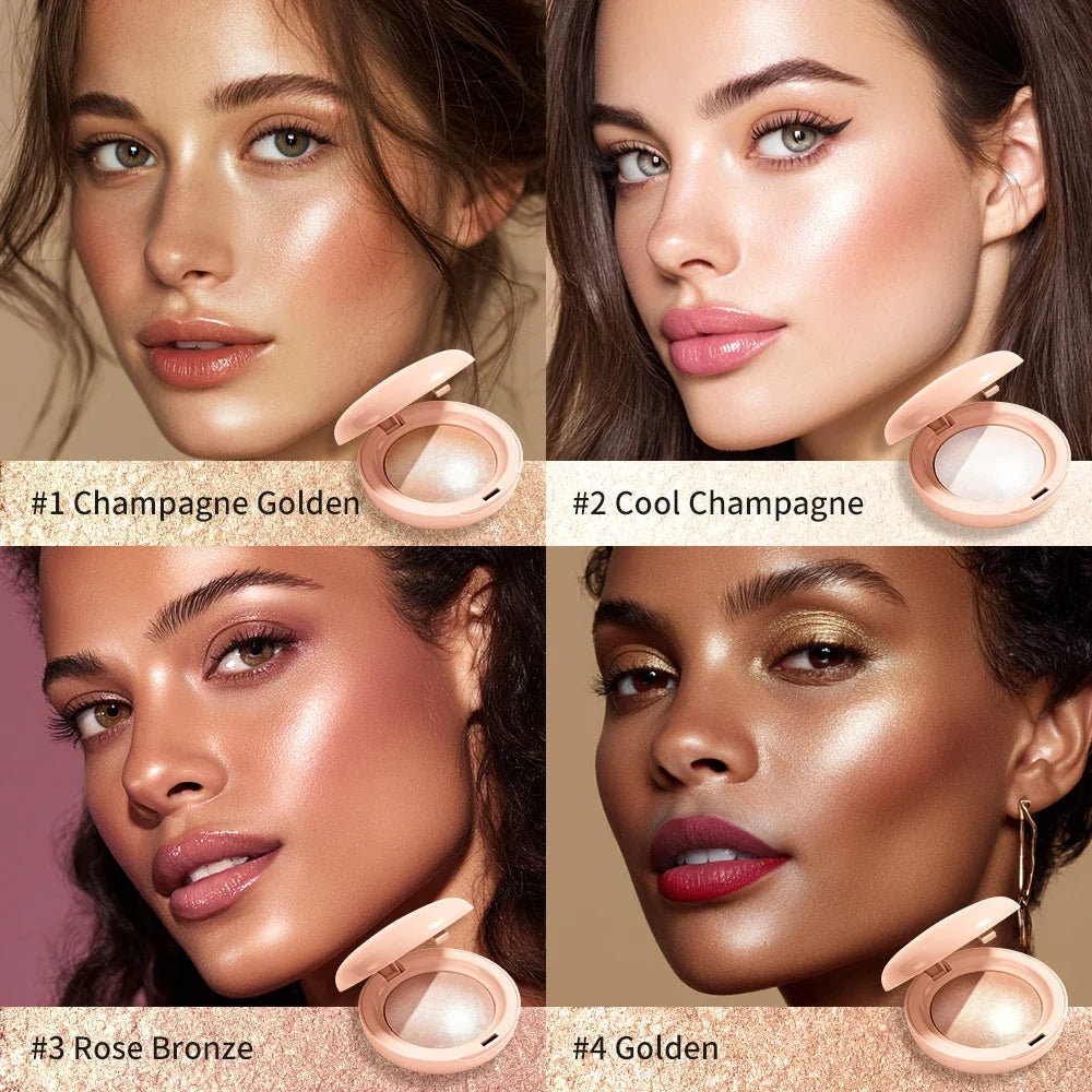 Blushimmer face highlighter powder with baked shimmer for glowing, long-lasting, waterproof skin contouring and illuminating makeup.
