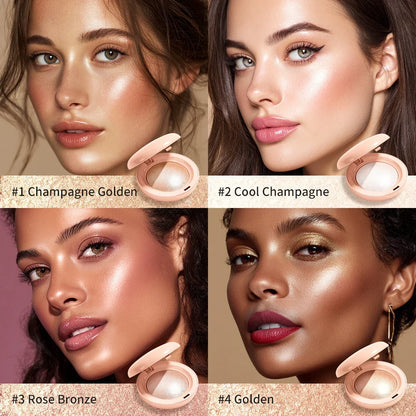 Blushimmer face highlighter powder with baked shimmer for glowing, long-lasting, waterproof skin contouring and illuminating makeup.