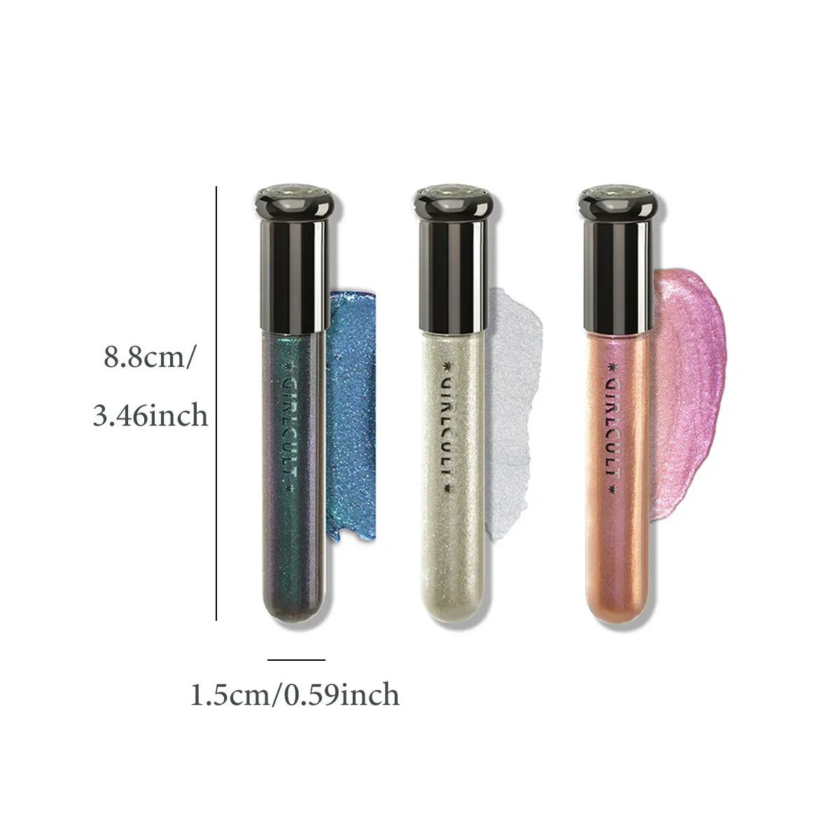 Girlcult Hallucination Liquid Eyeshadow by Blushimmer with fine glitter, metallic shine, and iridescent shift for eye highlighting.
