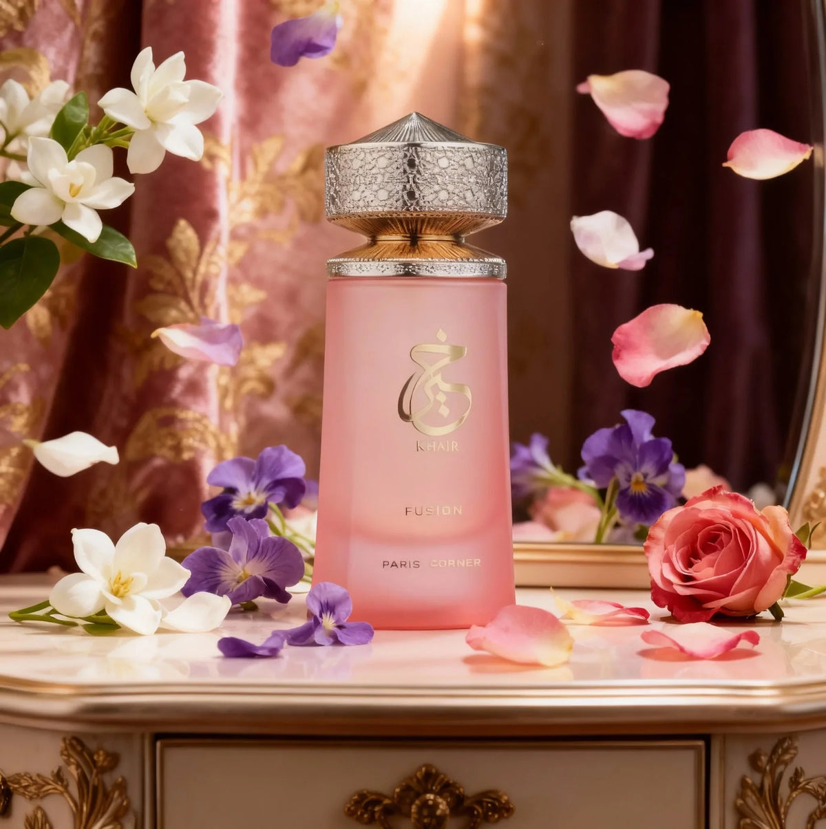 Paris Corner Khair Fusion Lychee perfume by Blushimmer featuring lychee, blackcurrant, and red apple notes in a 3.4 fl oz bottle.