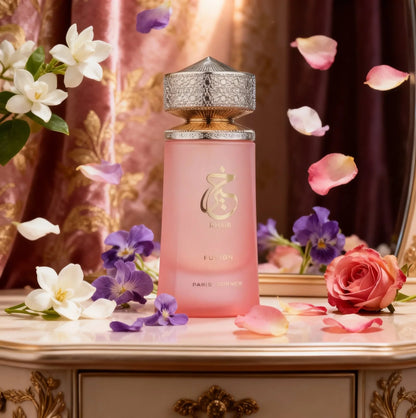 Paris Corner Khair Fusion Lychee perfume by Blushimmer featuring lychee, blackcurrant, and red apple notes in a 3.4 fl oz bottle.