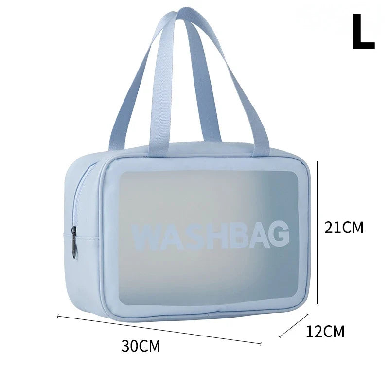 Transparent waterproof travel wash bag by Blushimmer, large capacity cosmetic organizer with multiple compartments for women.