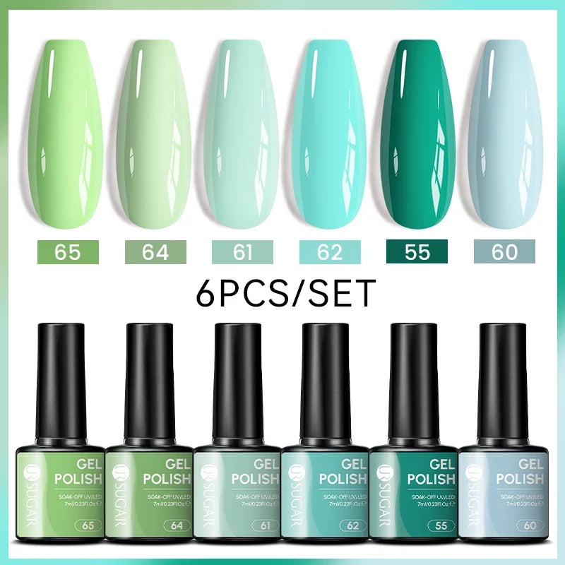 Blushimmer UR SUGAR 7ml all-season gel nail polish set with nude, pink, red, glitter shades for semi-permanent UV gel manicures.