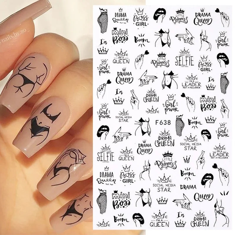Black and white nail art stickers by Blushimmer featuring sexy woman and girl designs for press-on and nail decoration.