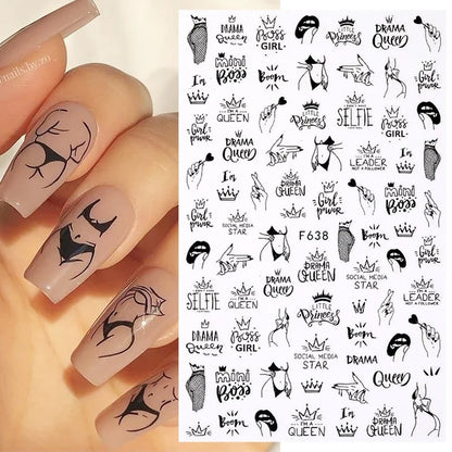 Black and white nail art stickers by Blushimmer featuring sexy woman and girl designs for press-on and nail decoration.