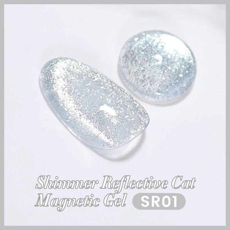Silver reflective cat magnetic gel nail polish by Blushimmer featuring crystal glitter, soak-off UV and LED friendly, 10ml bottle.