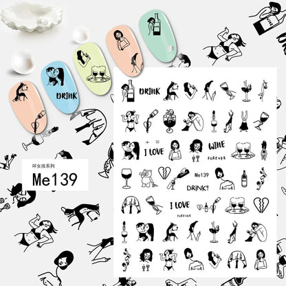Black and white nail art stickers by Blushimmer featuring sexy woman and girl designs for press-on nail decoration and body art.
