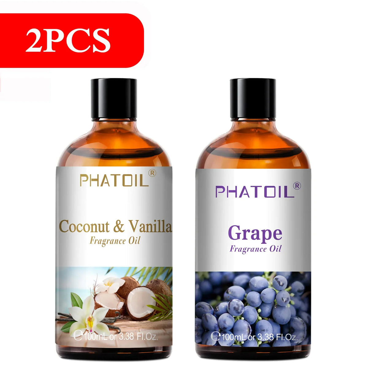 Blushimmer PHATOIL aromatherapy fragrance oil set with coconut, vanilla, strawberry, cherry, and lemon scents in 100ml bottles for diffusers