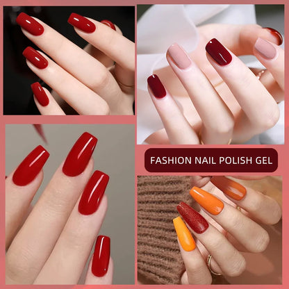 Blushimmer Faandin 7ml red gel nail polish bottle with full-color, quick-drying, alcohol-free, high saturation, and easy-to-use design.