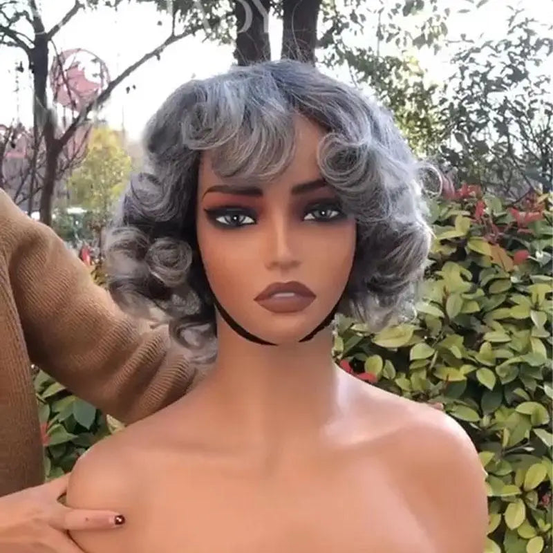 Soul Lady Salt & Pepper Wig Glueless Loose Curly 5x5 Lace Closure Human Hair With Bangs Silver Grey Short Bob Wigs For Seniors